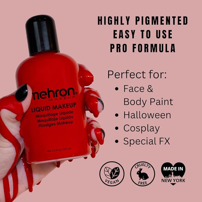 Mehron Makeup Liquid Makeup | Face Paint and Body Paint Perfect for Halloween, Cosplay I Air Brush Compatible 4.5 oz (133 ml) (Red)-Velvo Beauty