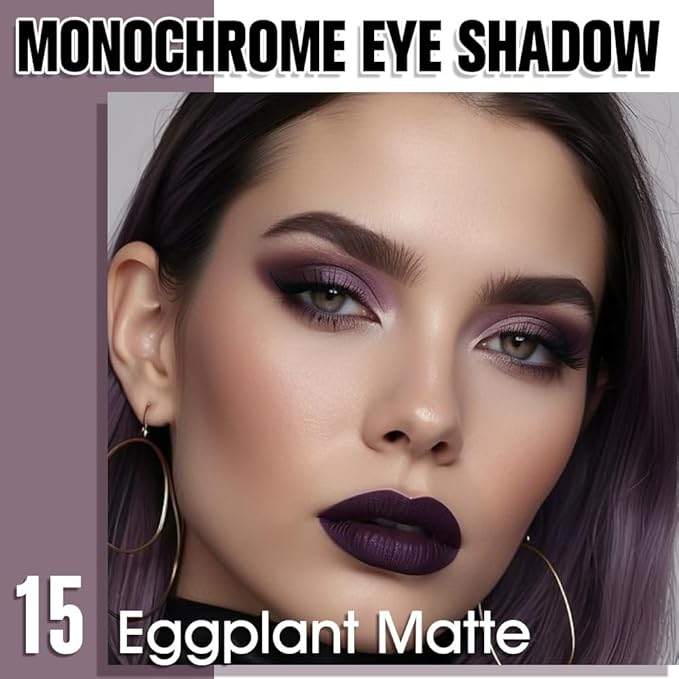 Eggplant Purple Single Matte Eyeshadow Makeup, Neutral Powde Eye Shadow for Women, Deep Dark Mauve Plum Purple Matte Singles Eyeshadow Palette Pigmented Waterproof, Girls Eyeshadows Gift 15-Velvo Beauty