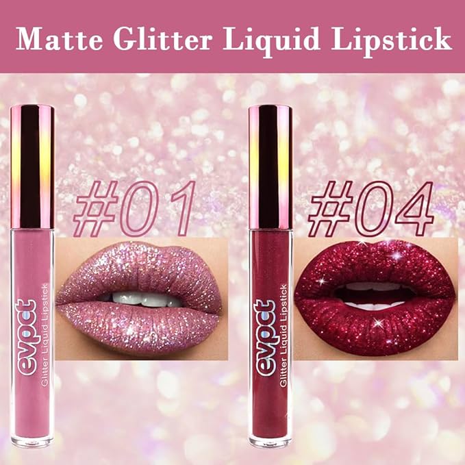 evpct 2Pcs Mauve & Dark Red Matte to Glitter Liquid Lipstick Set Kit for Women Long Lasting Glossy Metallic Shimmer Sparkle Lipstick Lip Gloss 01+04-Velvo Beauty