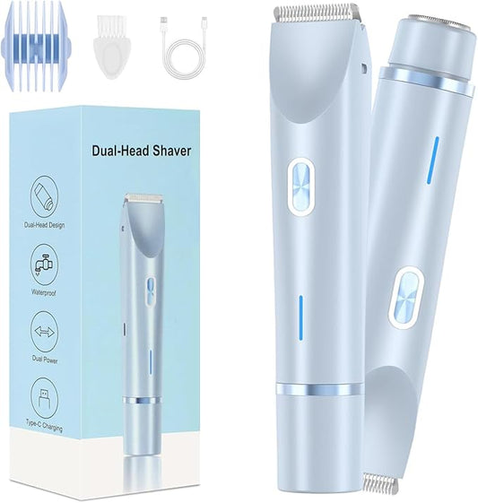 Dermave Bikini Shaver,2 in 1 Dual Head Bikini Trimmer & Body Shaver, Painless Hair Removal with Silky Glow Finish, Cordless & Waterproof Electric Trimmer for Women,Blue-Velvo Beauty