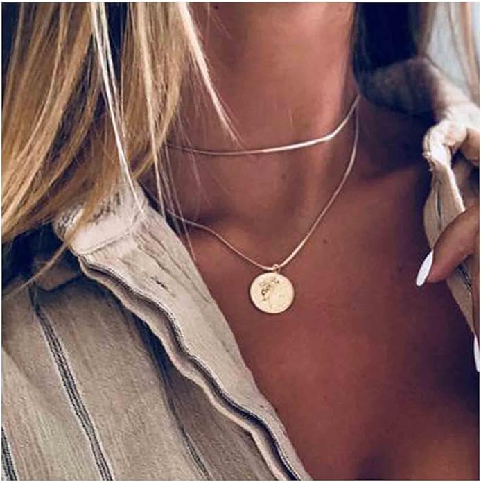 Boho Layered Coin Necklace Choker Gold Medallion Pendant Necklace Round Disc Necklace Vintage Snake Chain Necklace Jewelry for Women-Velvo Beauty