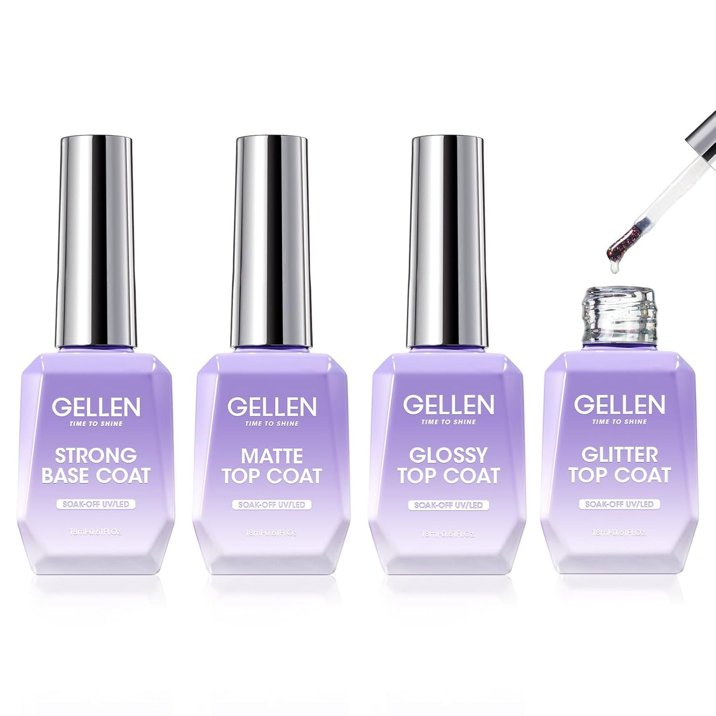 Gellen Gel Top and Base Coat, 4pcs 18ml No Wipe Matte Glossy Glitter Gel Top Coat, Clear UV Base Coat Gel Nail Polish, Soak Off Nail Lamp Gel Base Top Coat Long Lasting Home Gel Manicure-Velvo Beauty
