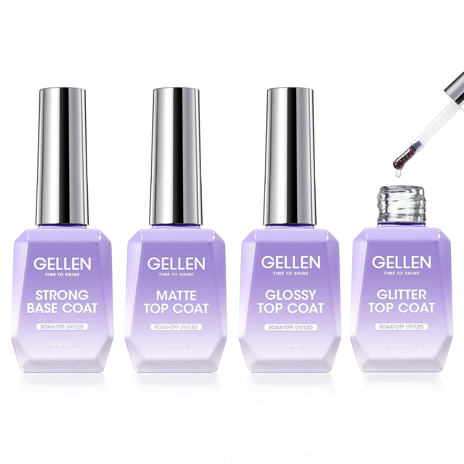 Gellen Gel Top and Base Coat, 4pcs 18ml No Wipe Matte Glossy Glitter Gel Top Coat, Clear UV Base Coat Gel Nail Polish, Soak Off Nail Lamp Gel Base Top Coat Long Lasting Home Gel Manicure-Velvo Beauty