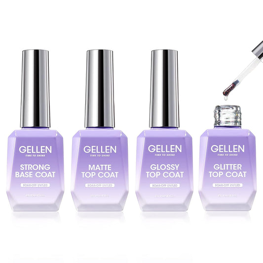 Gellen Gel Top and Base Coat, 4pcs 18ml No Wipe Matte Glossy Glitter Gel Top Coat, Clear UV Base Coat Gel Nail Polish, Soak Off Nail Lamp Gel Base Top Coat Long Lasting Home Gel Manicure-Velvo Beauty