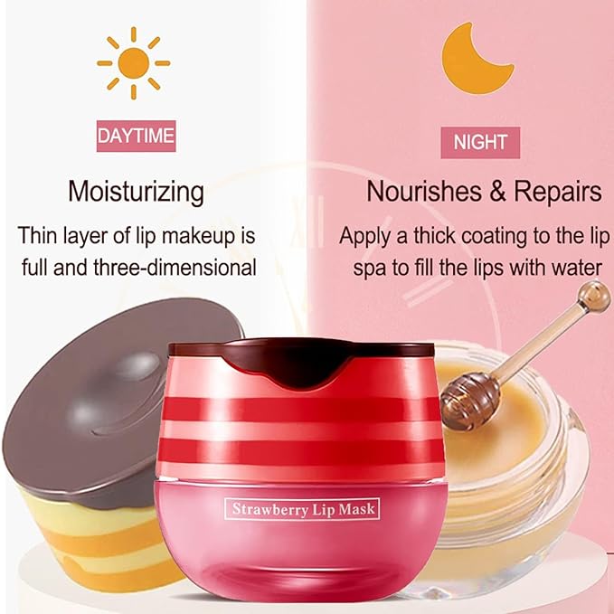 Bee Lip Balm Honey Pot, 2 Pcs Strawberry & Honey Lip Masks Hydrating Prevention Dry and Cracked Lip Scrubs Exfoliator (Strawberry & Honey)-Velvo Beauty