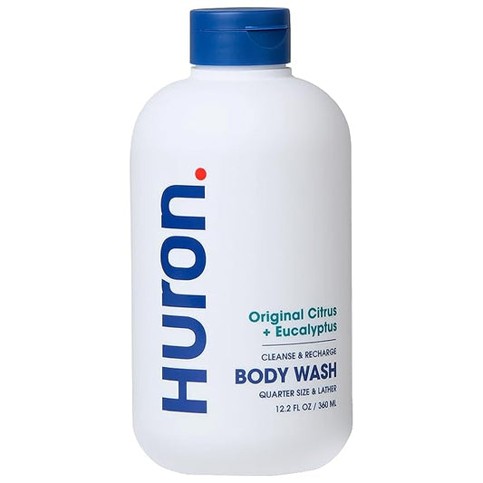 Huron Men’s Moisturizing Body Wash – Crisp & Invigorating Scent of Citrus, Eucalyptus, Mint, & Aromatic Greens - Made With Coconut Oil, Vitamin E & Witch Hazel – Vegan, Cruelty-Free - 12.2 fl oz-Velvo Beauty