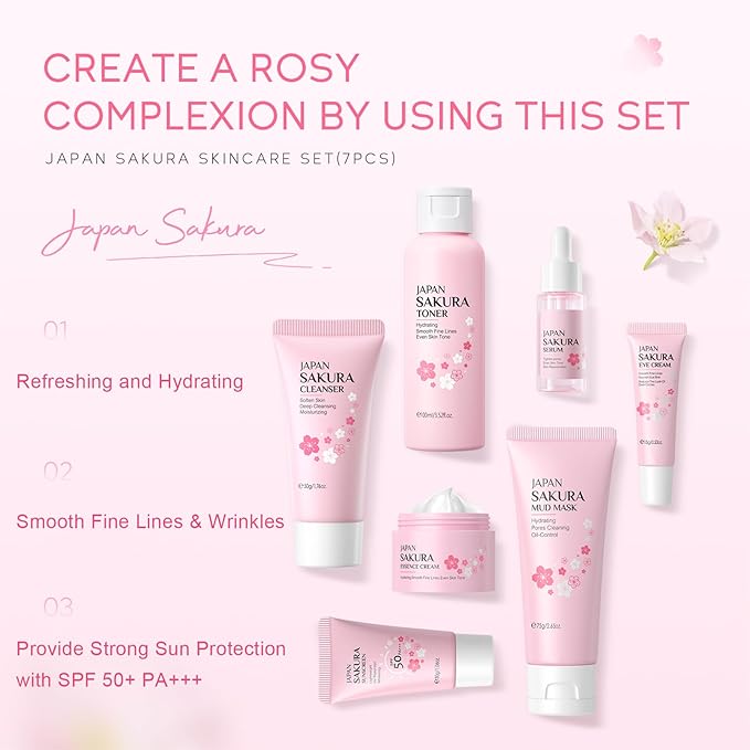 Skin Care Set JAPAN-SAKURA Women Beauty Gift Sets Skin Care Kit, Self-Care Skincare Set: Cleanser,Toner,Serum,Cream,Mud Mask,Eye Cream,Sunscreen, Facial Kit for Women Teen Girls Mom Daughter 7pcs-Velvo Beauty