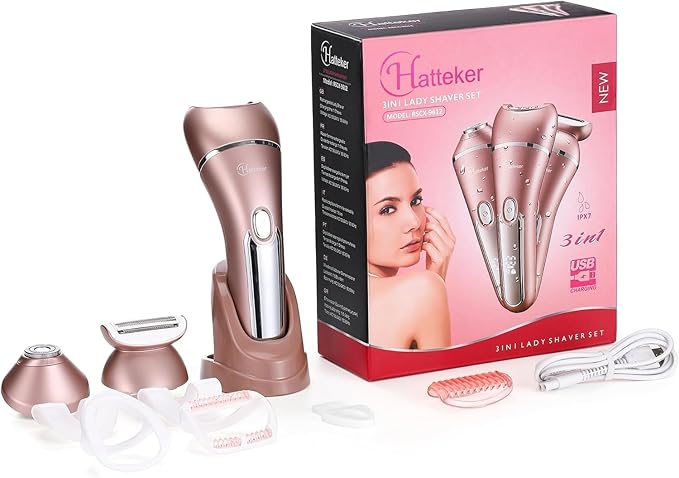 Hatteker Electric Shaver for Women Lady Epilator Electric Razors Kit Hair Remover for Face Chin Arm Leg Armpit Bikini Trimmer Painless Waterproof USB Rechargeable Dry Wet with Detachable Head 3 in 1-Velvo Beauty