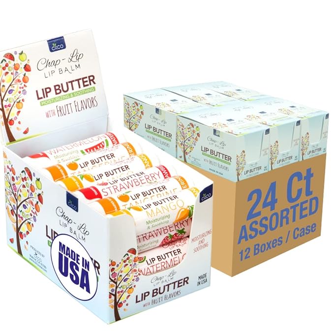 CHAP-LIP Original Lip Balm Hydrating Bulk Chap Stick with Fruit Flavors, Coconut Oil, and Cocoa Butter - Lip Therapy Pack for Men and Women - Gift Set Made in the USA, 24 Pack x 12 Box-Velvo Beauty