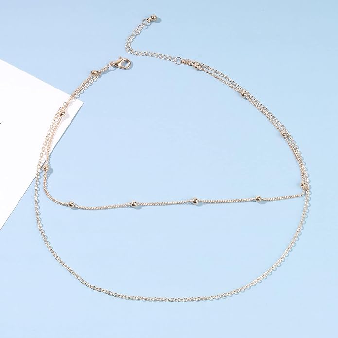 Boho Layered Satellite Choker Necklace Gold Ball Chain Necklace Short Collar Necklace Vintage Double Layer Necklace Jewelry for Women and Girls Gifts-Velvo Beauty