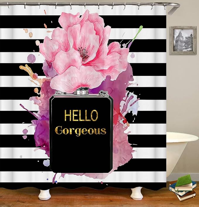 4PCS Gold Glitter Hello Gorgeous Shower Curtain Set, Watercolor Pink Floral Black and White Striped Perfume Makeup Modern Fashion Women Bathroom Decor, Non-Slip Bath Mat Toilet Rug, Hibiscus-Velvo Beauty