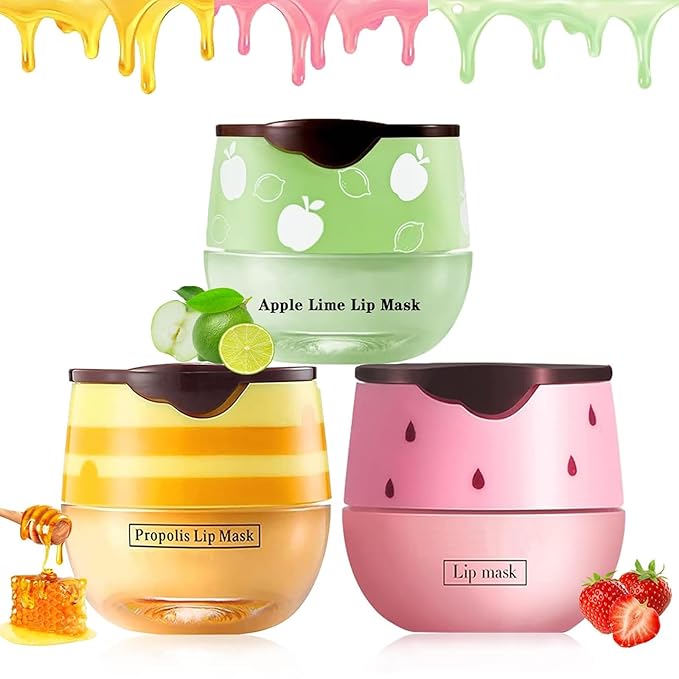 Bee Lip Balm Honey Pot, Strawberry & Honey Moisturizing Propolis Lip Mask, Hydrating & Prevention Dry and Cracked Lip Scrubs Exfoliator, Reduces Lip Lines (Green Yellow Pink)-Velvo Beauty