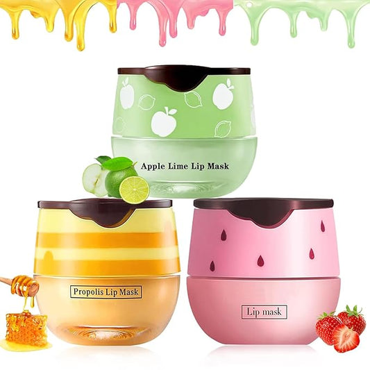 Bee Lip Balm Honey Pot, Strawberry & Honey Moisturizing Propolis Lip Mask, Hydrating & Prevention Dry and Cracked Lip Scrubs Exfoliator, Reduces Lip Lines (Green Yellow Pink)-Velvo Beauty