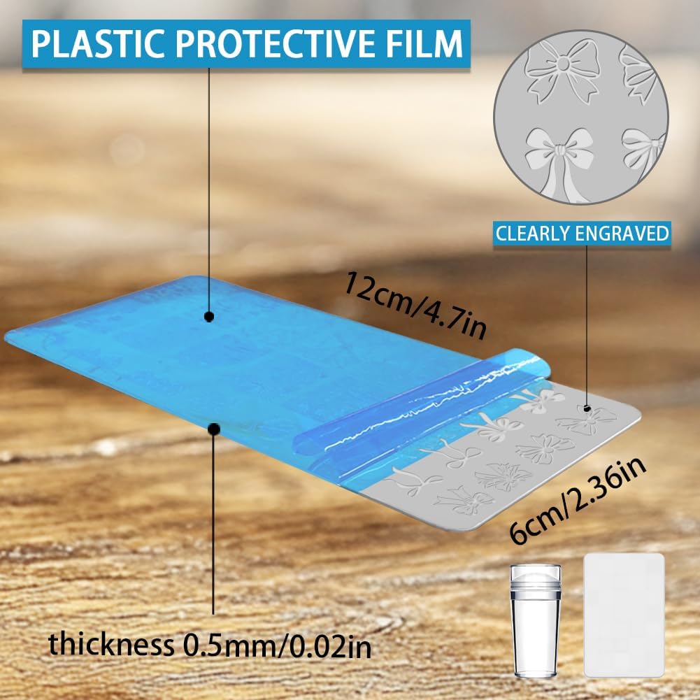 3Pcs Bow Nail Stamping Plate Set Girly Elements Romantic Heart Shape Stainless Steel Nail Stamp Templates Clear Silicone Nails Stamping with Stamper Scraper for Manicure Printing-Velvo Beauty