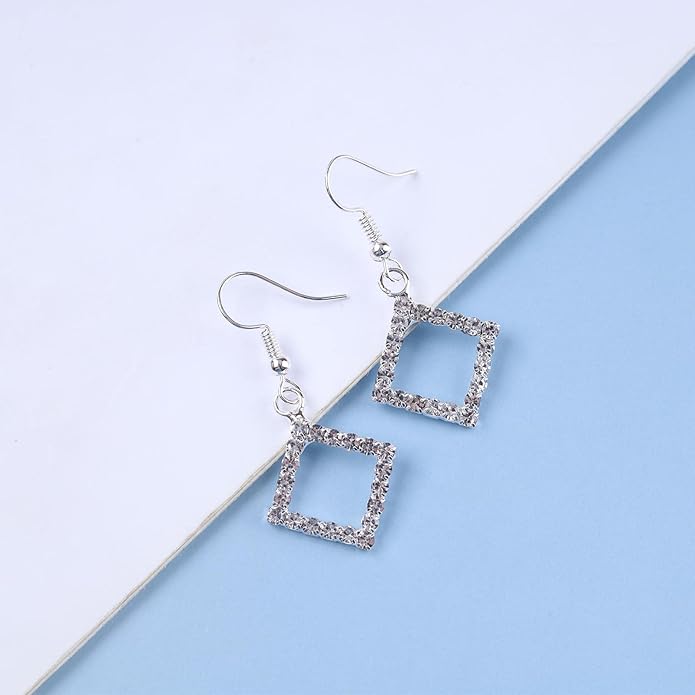 Vintage Crystal Square Drop Earrings Rhinestone Square Dangle Earrings Hollow Square Hook Earrings Silver Sparkly Cz Square Earrings Jewelry for Women-Velvo Beauty