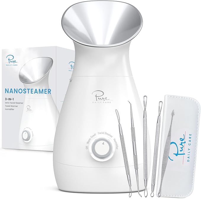 Pure Daily Care NanoSteamer Large 3-in-1 Nano Ionic Facial Steamer with Precise Temp Control - Humidifier - Unclogs Pores - Blackheads - Spa Quality - Bonus 5 Piece Stainless Steel Skin Kit (Silver)-Velvo Beauty