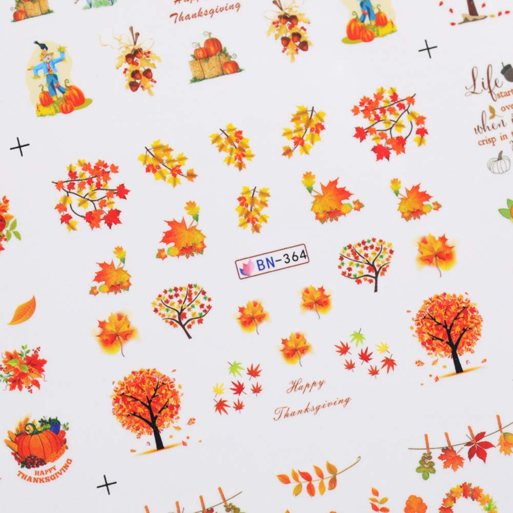 Fall Nail Stickers Autumn Maple Leaf Nail Art Decals Thanksgiving Day Water Decal Transfer Slider Set Turkey Pumpkin Nail Art Foil Stickers Nail Supplies Accessories Decoration Manicure Tips 12 Design-Velvo Beauty