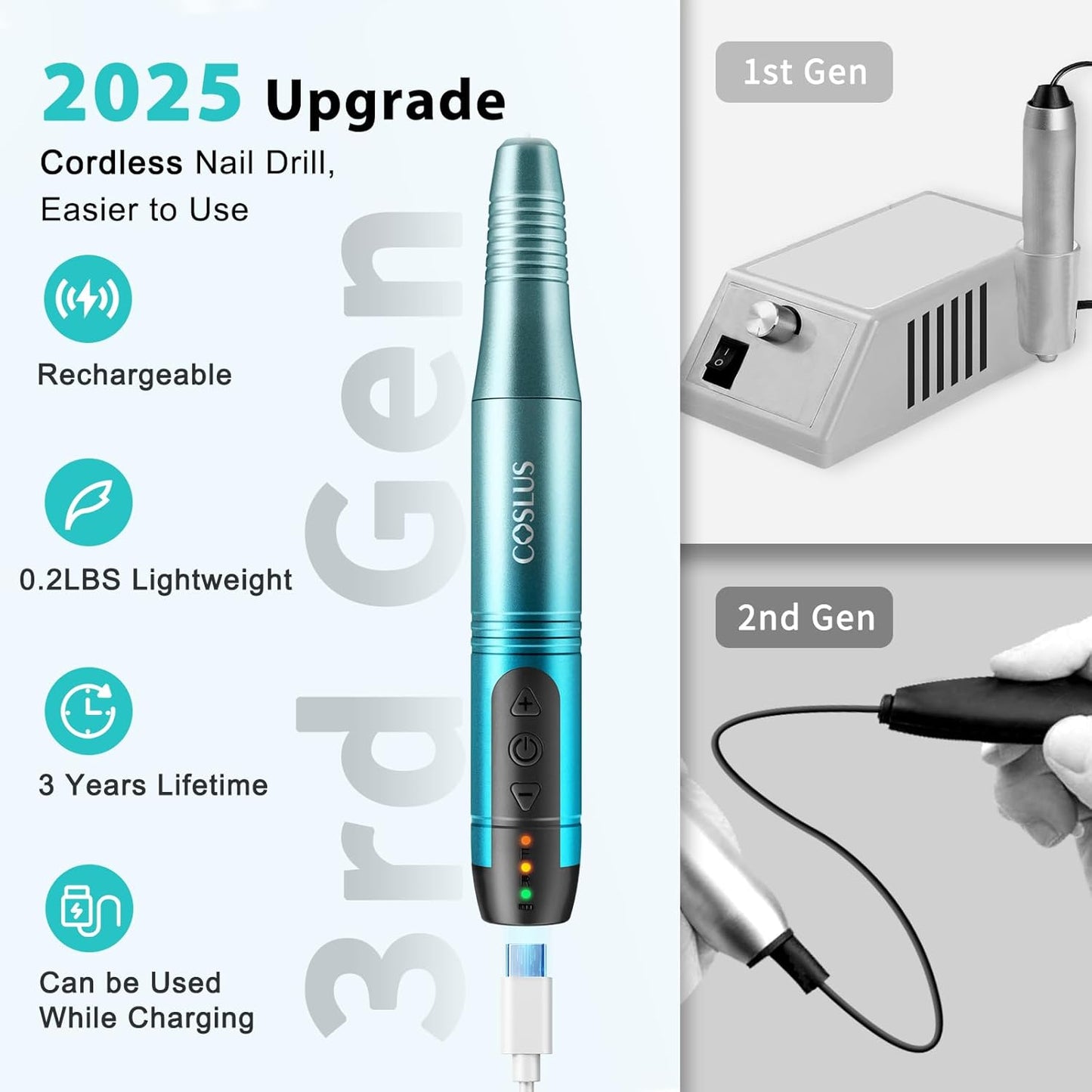 COSLUS Cordless Nail Drill Electric File: Professional for Acrylic Gel Dip Powder Nails Portable Nail Drill Machine Kit for Manicure Pedicure Nail Set with Everything Rechargeable Lightweight Blue-Velvo Beauty