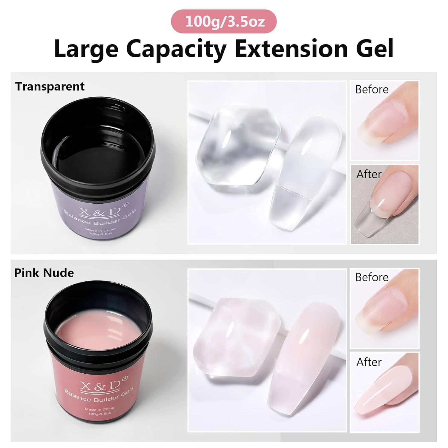 X&D Gel Nail Polish Kit - UV Polygel 2 Bottles Quick Dry 100g Natural Clear Color Nail Extension with Nail Forms, File, Acrylic Brush (Transparent & Nude Pink)-Velvo Beauty