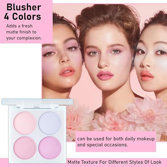 Face Blushes Quads, Matte Blush Makeup Palette, Light Pink Lavender Dark Pink and Mauve Cream Blushes Palette, Makeup for Older Women, Natural Pigmented Paleta de rubor 4 colores-Velvo Beauty