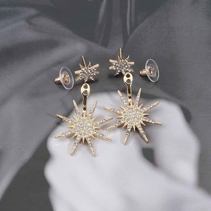 Starburst Jacket Earrings Gold Rhinestone Sun Earrings Front Back Studs Earrings Boho Celestial Earrings Jewelry for Women and Girls Gifts-Velvo Beauty