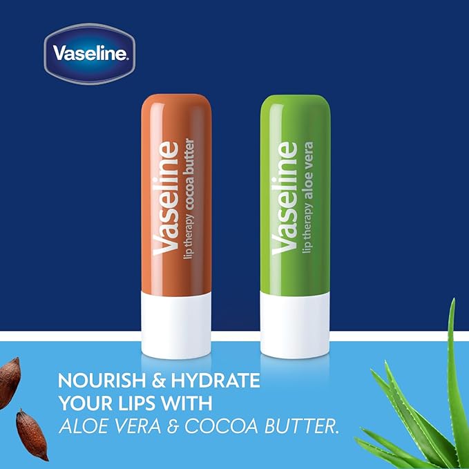 Vaseline Lip Therapy Variety 4-Pack – Cocoa Butter + Aloe Vera Moisturizing Lip Balm with Vitamin E, 0.16 Oz Ea-Velvo Beauty