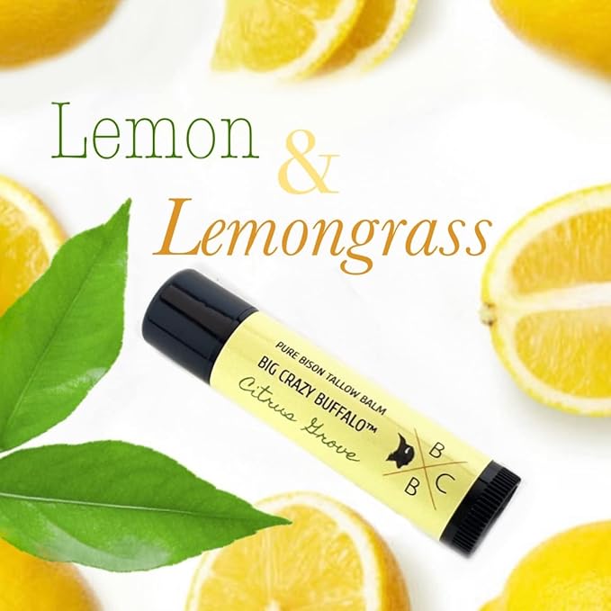 Pure Bison Tallow Lip Balm, Citrus Grove, (5 pack) - Lemongrass & Lemon, Moisturizing, Non-Habit Forming-Velvo Beauty