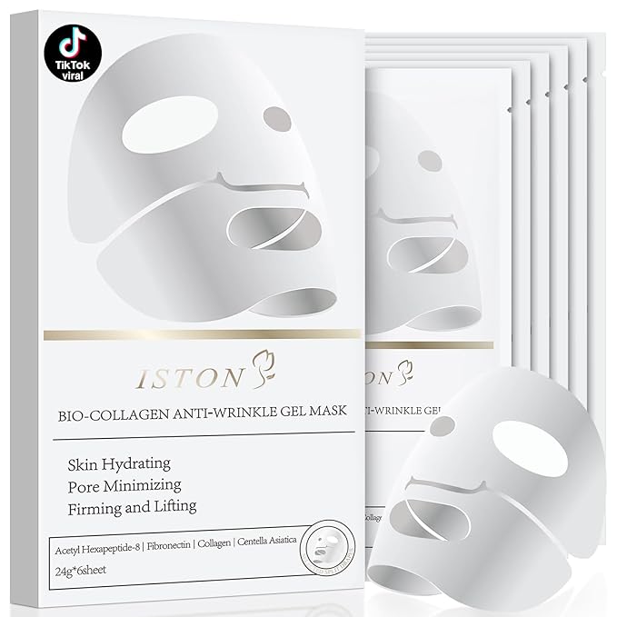 ISTON 6 Pack Bio-Collagen Real Deep Anti Wrinkle Lifting Mask,Overnight Hydrating Face Mask for All Skin Types -Pore Minimizing,Elasticity Enhancing,Firming,Moisturizing-Velvo Beauty