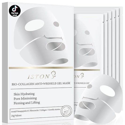 ISTON 6 Pack Bio-Collagen Real Deep Anti Wrinkle Lifting Mask,Overnight Hydrating Face Mask for All Skin Types -Pore Minimizing,Elasticity Enhancing,Firming,Moisturizing-Velvo Beauty