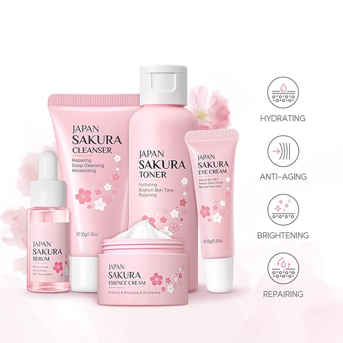 Skin Care Set - Women Gift Sets - Sakura Skin Care Sets & Kits - Gift Set with Cleanser,Toner,Serum,Eye Cream,essence Serum - Beauty Products For Women (SetC)-Velvo Beauty