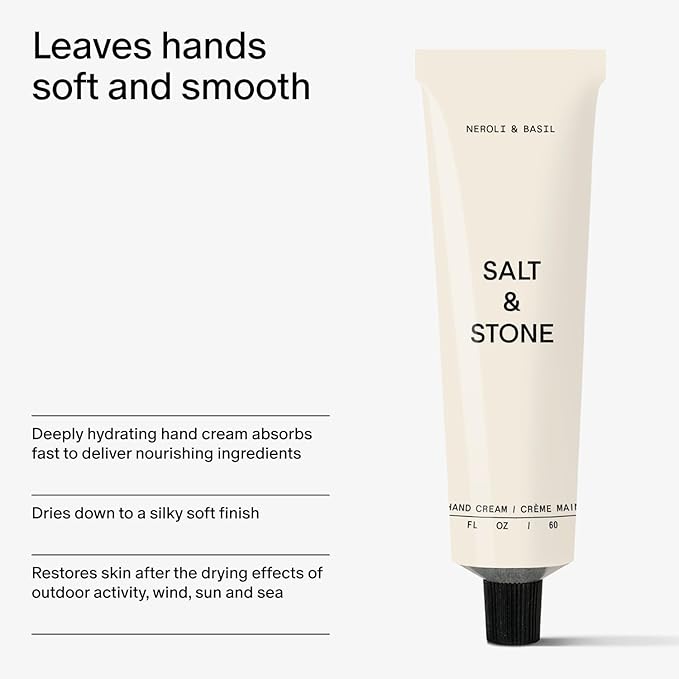 Salt & Stone Hand Cream for Women & Men | Neroli & Basil | Hydrates, Nourishes & Softens Skin | Restores Dry Cracked Hands | Fast-Absorbing | Cruelty-Free & Vegan (2 fl oz)-Velvo Beauty
