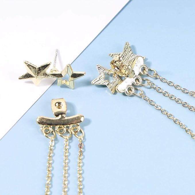 Boho Star Ear Jacket Earrings Gold Thin Bar Tassel Earrings Long Drop Chain Earrings Two Way Double Sided Earrings Jewelry for Women and Girls-Velvo Beauty