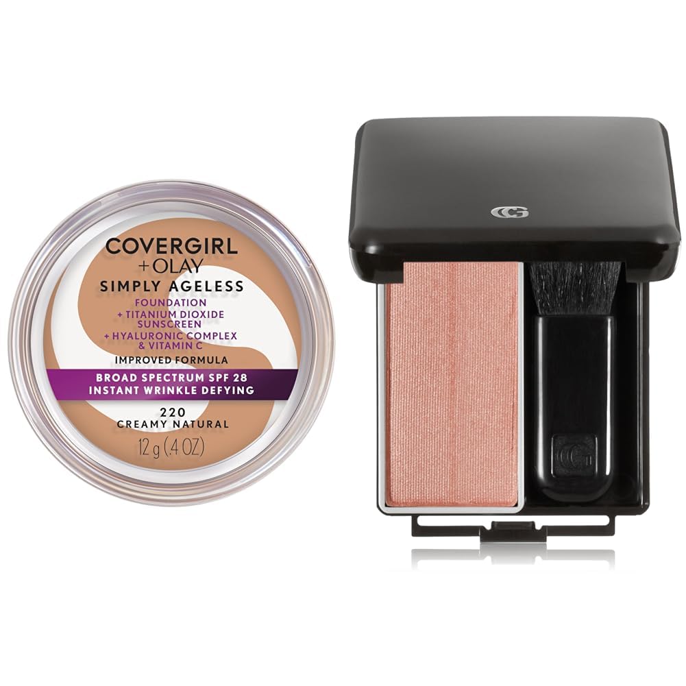 COVERGIRL & Olay Simply Ageless Instant Wrinkle-Defying Foundation, Creamy Natural 0.44 Fl Oz (Pack of 1) & Classic Color Blush Soft Mink, Long Lasting Glowing, 0.27 fl oz,Pink Blush-Velvo Beauty