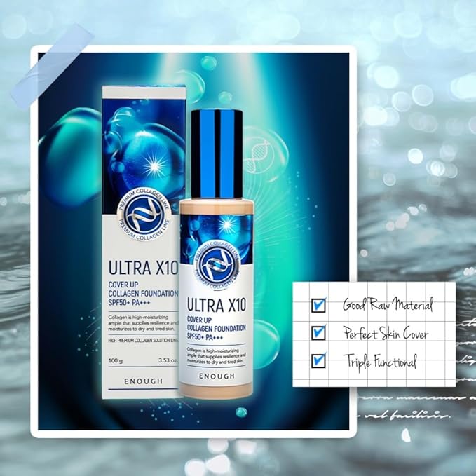 Enough Ultra X10 Cover Up Collagen Foundation, Hydrating Foundation for Dry Skin, Korean Skin Care Tinted Moisturizer Sunscreen, Makeup Cosmetics for Women SPF 50+ PA+++ 3.53oz (#23 Natural beige)-Velvo Beauty