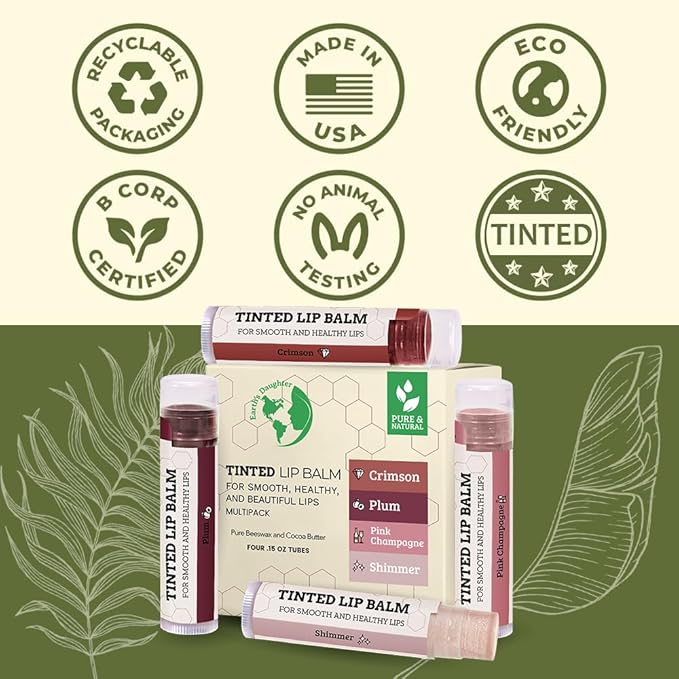 Tinted Lip Balm by Earth’s Daughter – 4 Pack of Assorted Colors – Beeswax, Coconut Oil, Cocoa Butter, Vitamin E – Moisturize and Beautify – Paraben Free-Velvo Beauty