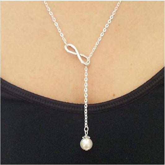 Boho Pearl Infinity Necklace Silver Y Pearl Necklace Minimalist Chain Y Lariat Necklace Chain Jewelry for Women and Girls-Velvo Beauty