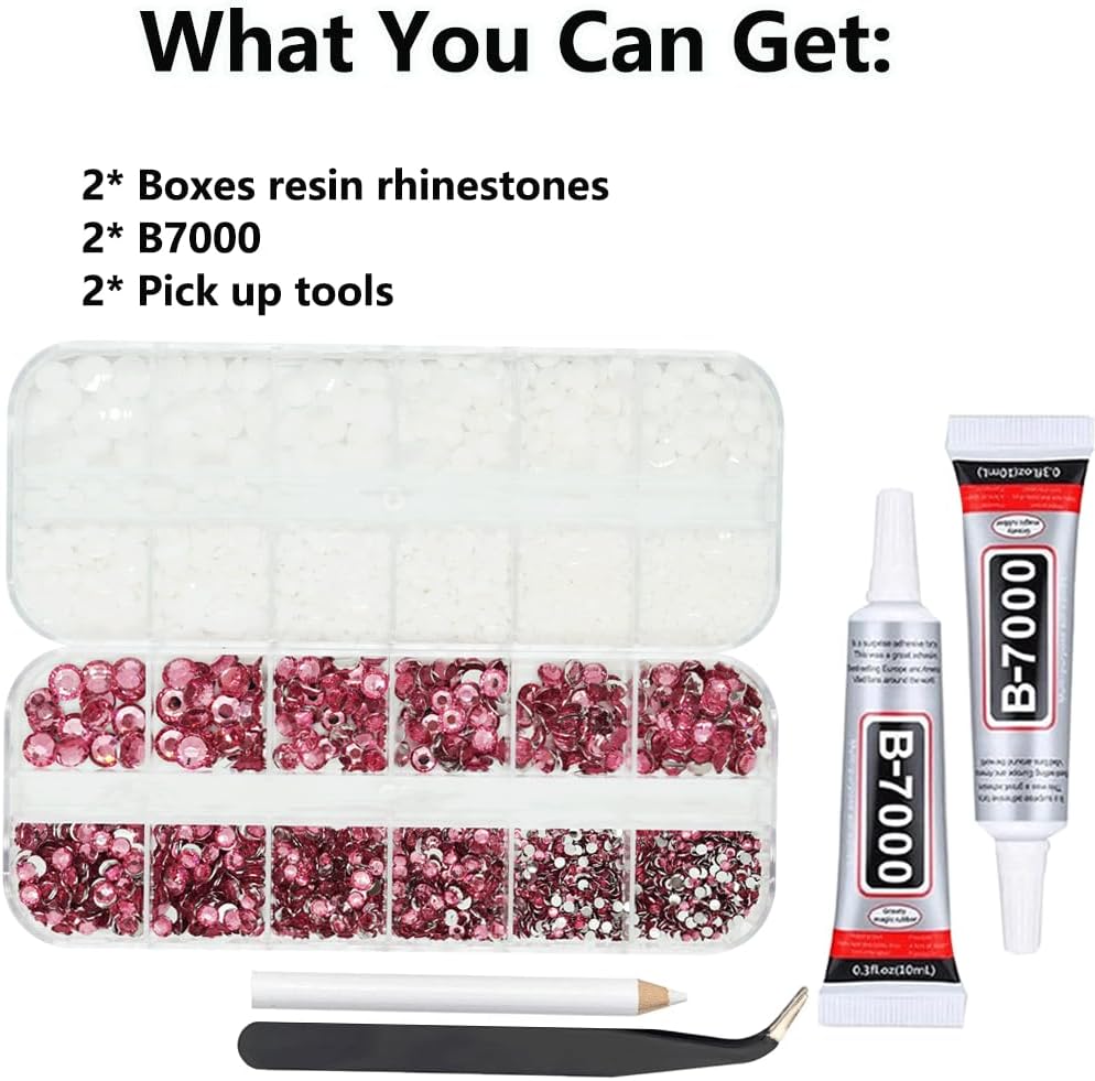 White And Pink Rhinestones with Glue(S8-S30) for Bedazzling,2mm-6mm Non-Hotfix Flatback Nail Gems Beads with B7000, Resin Nail GemsStones Diamond Kit for Bedazzle Crafting, Nails DIY Art Decoration-Velvo Beauty