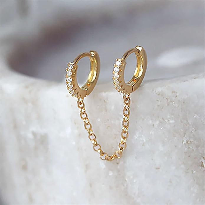 Boho Double Chain Hoop Earrings Gold Cz Hoop Chain Earrings Punk Dangle Chain Earrings Rhinestone Huggies Studs Earrings Jewelry for Women and Girls Gifts-Velvo Beauty