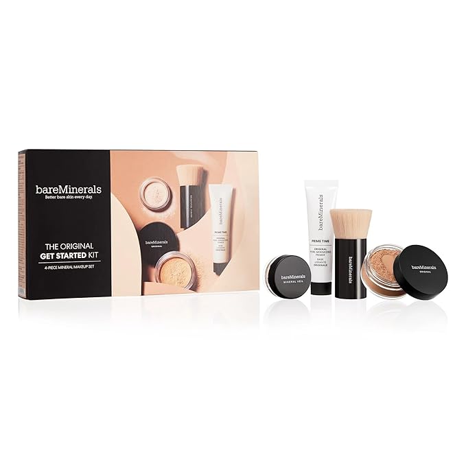 bareMinerals Original Get Started Kit, 4 Piece Mini Mineral Makeup Includes Original Loose Foundation, Face Primer, Setting Powder, Brush, Travel Sizes, Must-Have Kit, Vegan-Velvo Beauty