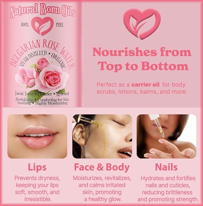 Natural Born Oils 8oz Rose Water Hydrosol, 100% Pure and Natural, Organic, Steam-distilled, Facial Toner Cleanser, with Sprayer, 8-Rose-Water-Velvo Beauty