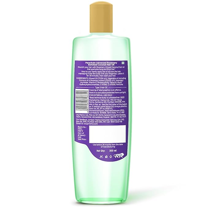 Parachute Advansed Rosemary Hair Oil with Coconut| For 2x Longer & Thicker Hair| Reduces Hairfall & Strengthens Hair| All Hair Types|No Parabens & Silicones| 10.1 Fl.oz.-Velvo Beauty
