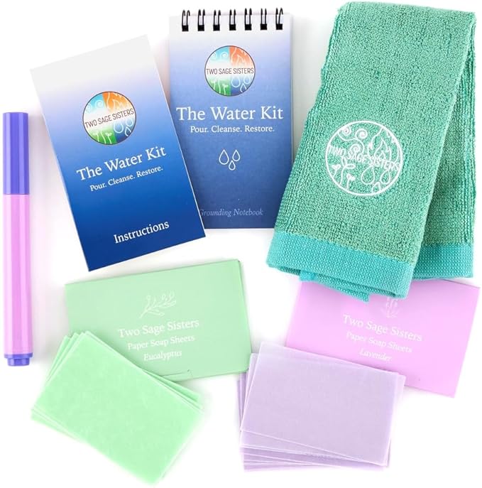 The Water Kit by Two Sage Sisters - Self Care Kit with Soap Sheets, Notebook, Marker, and Washcloth, Bath Shower Sets for Meditation and Relaxation, Mini Spa Kit Self Care Box for Women and Men-Velvo Beauty