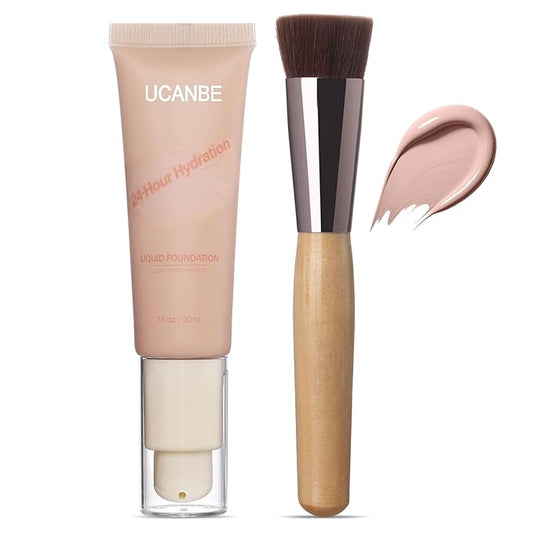 UCANBE Matte Liquid Foundation with Brush, Serum Foundation Face Makeup with Hyaluronic Acid, Medium to Full Coverage Waterproof Oil Control Longwear, for Mature Skin, Natural Ivory, 1 fl. oz.-Velvo Beauty