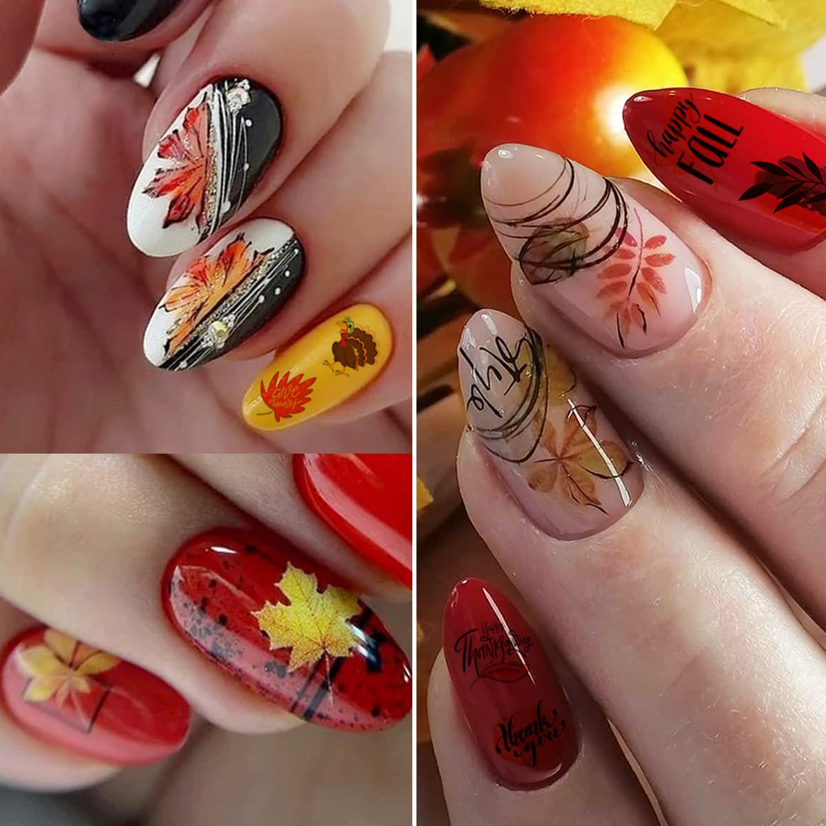 12 Sheets Fall Nail Art Stickers 3D Autumn Leaves Nail Decals Self-Adhesive Thanksgiving Nail Art Accessories Foils Maple Leaf Pumpkin Turkey Nail Designs for Women Girls DIY Manicure Decoration-Velvo Beauty
