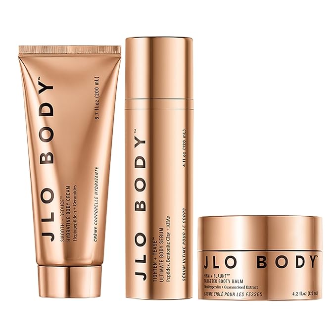 JLO BEAUTY The Ultimate Body Trio | Includes 4.2 fl oz Booty Balm, 4 fl oz Body Serum & 6.7 fl oz Body Cream | Brightens, & Firms for Smooth Skin-Velvo Beauty