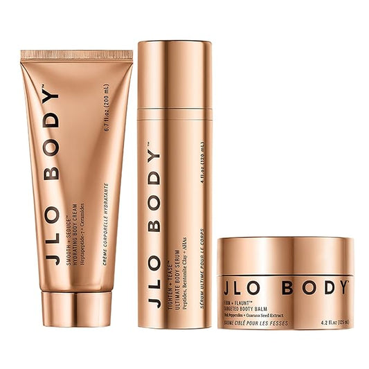 JLO BEAUTY The Ultimate Body Trio | Includes 4.2 fl oz Booty Balm, 4 fl oz Body Serum & 6.7 fl oz Body Cream | Brightens, & Firms for Smooth Skin-Velvo Beauty