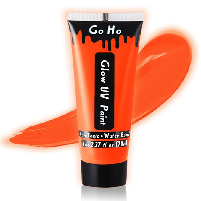 Go Ho Neon Orange Body Paint Washable(2.37oz,70ml),under UV Blacklight Neon Face Paint,Water Based Neon Fluorescent Orange Face Paint for Adults Children SFX Cosplay Costumes Halloween Makeup-Velvo Beauty
