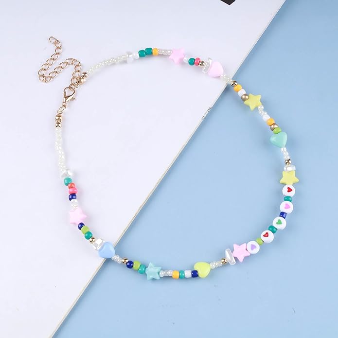 Vintage Seed Bead Choker Necklace Pearl Choker Necklace Colorful Star Heart Necklace Cute Rainbow Necklace Chain Jewelry for Women-Velvo Beauty