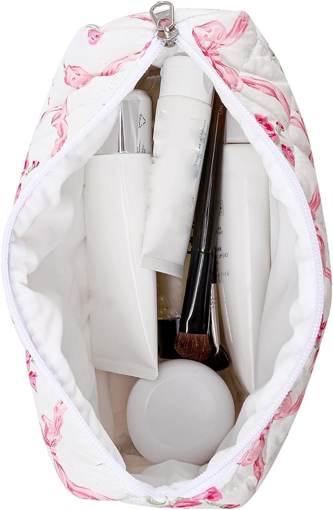 Makeup Bag Travel Cosmetic Bag for Women Girls, Zipper Make Up Pouch, Floral Flowers Toiletry Organizer Makeup, Portable Storage Bag, Cosmetic Travel Cloth Bag (2 Pack (L+S)/Pink Bowknot)-Velvo Beauty