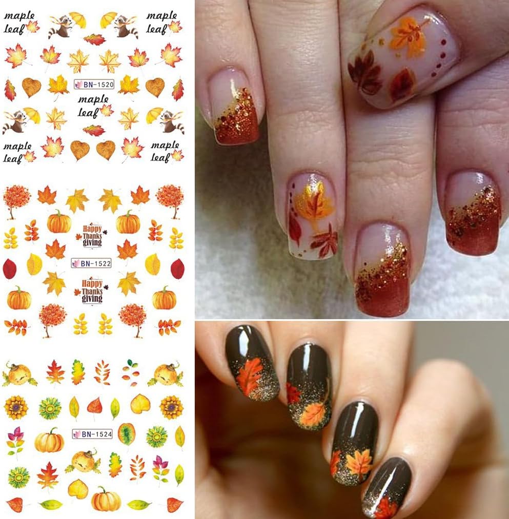 12 Sheets Fall Maple Leaf Nail Art Stickers Autumn Water Transfer Nail Decals Thanksgiving Day Nail Art Supplies Turkey Pumpkin Leaves Scarecrow Nail Design Slider Stickers for Women Nail Decorations-Velvo Beauty